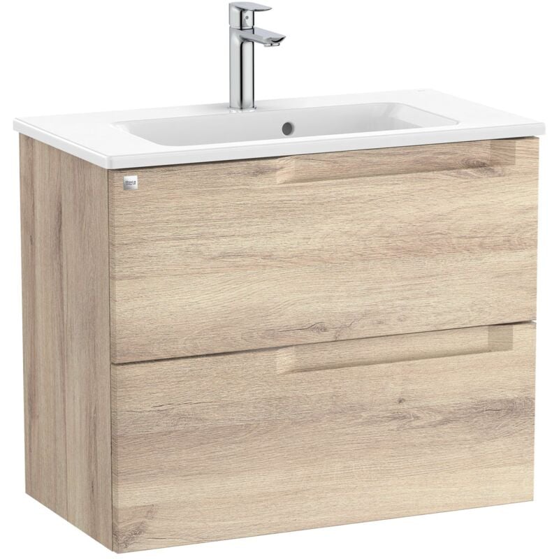 Pack Unik meuble bas compact avec deux tiroirs + lavabo aleyda Roca Couleur : Bois Beige - Dimensions : 705x380x565 mm