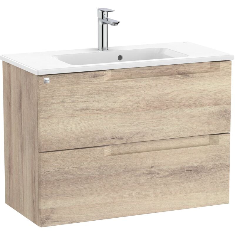 Roca - Pack Unik meuble bas compact avec deux tiroirs + lavabo aleyda Couleur : Bois Beige - Dimensions : 805x380x565 mm