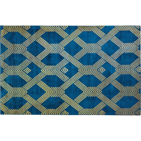 Alfombra azul de viscosa con estampado geométrico dorado con algodón 140 x 200 cm estilo glamour moderno Vekse