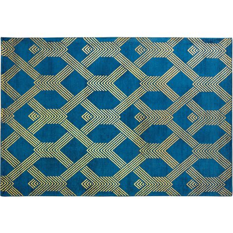 Alfombra azul de viscosa con estampado geométrico dorado con algodón 160 x 230 cm estilo glamour moderno Vekse