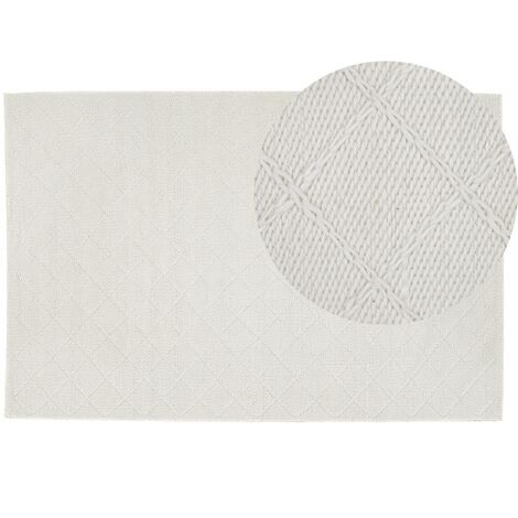 Alfombra blanco crema de lana con algodón 140 x 200 cm rectangular tejido a mano con motivos geométricos boho Ellek