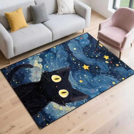Alfombra con estampado de gato negro, antideslizante y lavable, de suave terciopelo, ideal para dormitorios, baños y salas de estar. 60 x 90 cm.