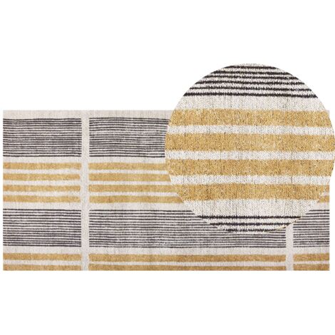 Alfombra de algodón amarillo negro beige 80 x 150 cm tejido plano a rayas Katra