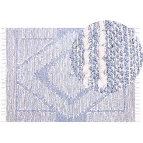 Alfombra de algodón azul blanco crema 140 x 200 cm geométrico tribal borlas Ansar
