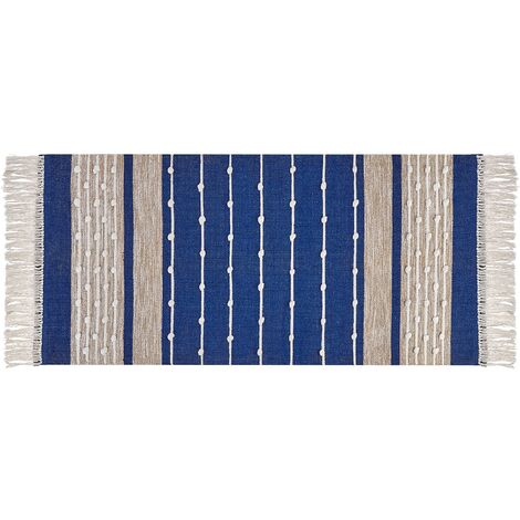 Alfombra de algodón azul marino beige 80 x 150 cm hecho a mano moderno Kondhali