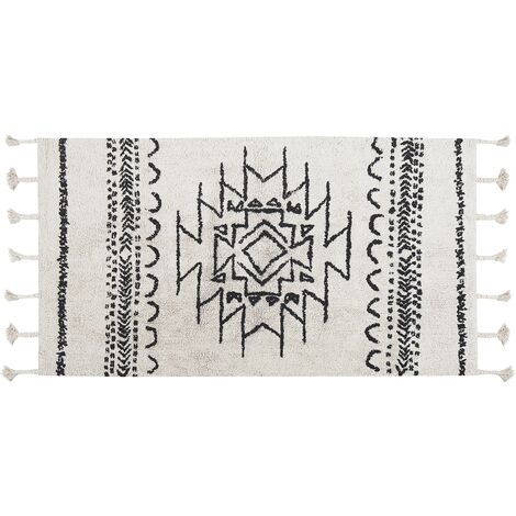 Alfombra de algodón blanco crema negro 80 x 150 cm geométrico borlas Khouribga