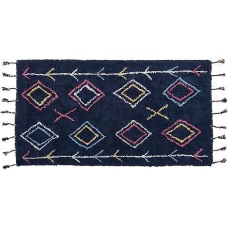 Alfombra de algodón negro azul amarillo blanco 80 x 150 cm hecho a mano Corum