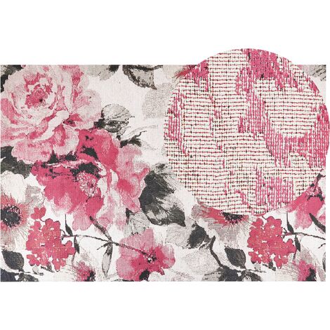 Alfombra de algodón rosa negro beige 200 x 300 cm patrón floral retro Ejaz