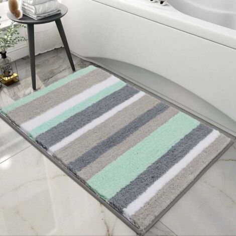 Alfombra de baño antideslizante KZQ, suave microfibra a rayas, absorbente, de pelo largo, lavable a máquina - 40 x 60 cm - Verde/Gris