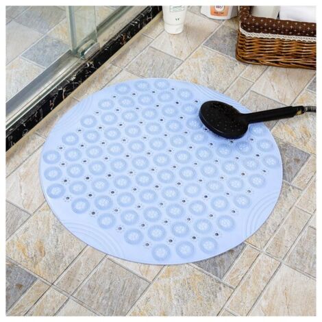 Alfombra de baño redonda de PVC azul de 55 x 55 cm, alfombra de ducha de masaje, antideslizante, antibacteriana, lavable a máquina, con orificio de drenaje y ventosa.