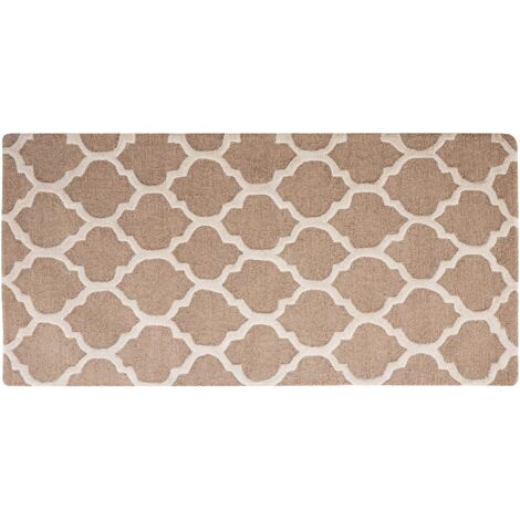Alfombra de lana beige 80 x 150 cm enrejado patrón cuadrifolio trébol oriental marroquí hecha a mano Erbaa