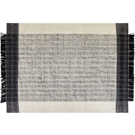 Alfombra de lana blanco crema negro 160 x 230 cm algodón hecho a mano borlas Ketenli