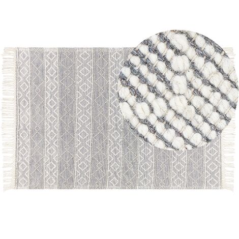 Alfombra de lana gris blanco crema 160 x 230 cm a mano geométrico borlas Tonya