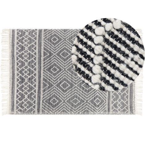 Alfombra de lana negro blanco 160 x 230 cm algodón a mano geométrico borlas Savuca