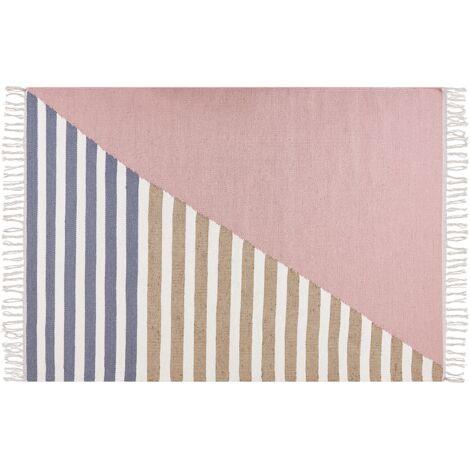 Alfombra de lana rosa blanco beige azul 160 x 230 cm yute a mano borlas Engiz