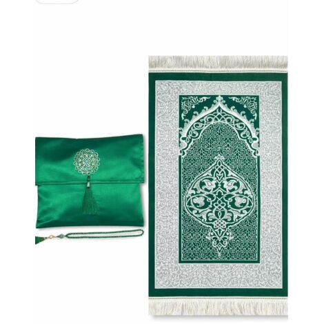 Alfombra de oración musulmana (Sajadah), alfombra de oración islámica, con rosario y elegante caja. (Verde, 70 x 110 cm)