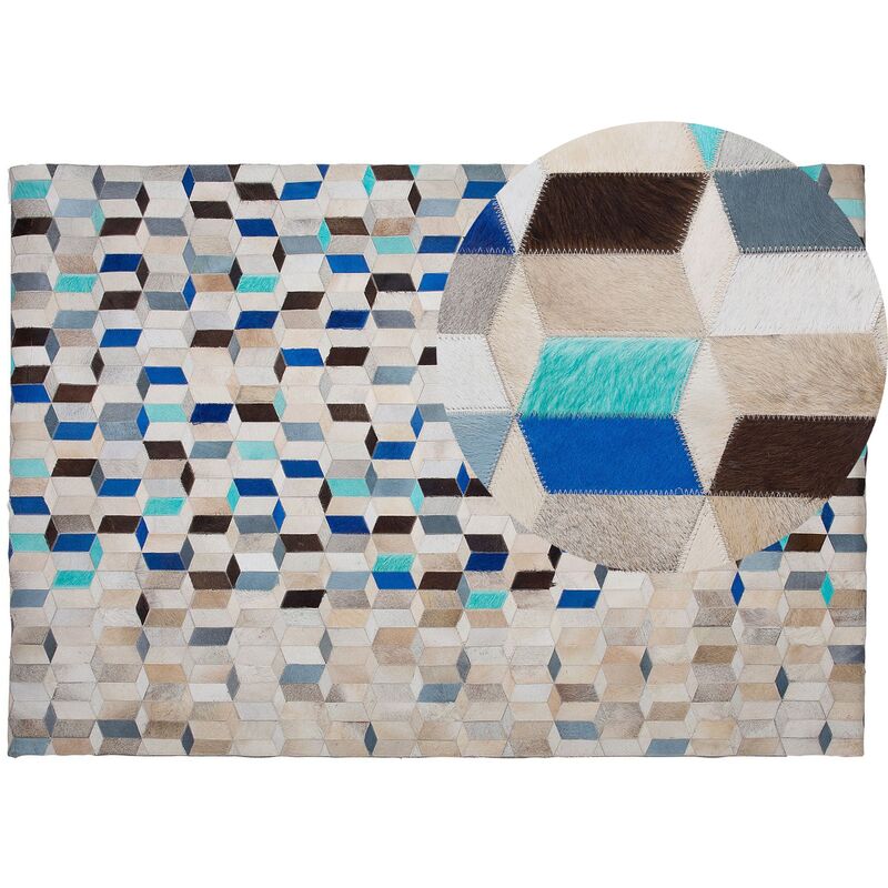 Alfombra piel de vacuno multicolor patchwork patrón geométrico rectangular 140 x 200 cm Gidirli