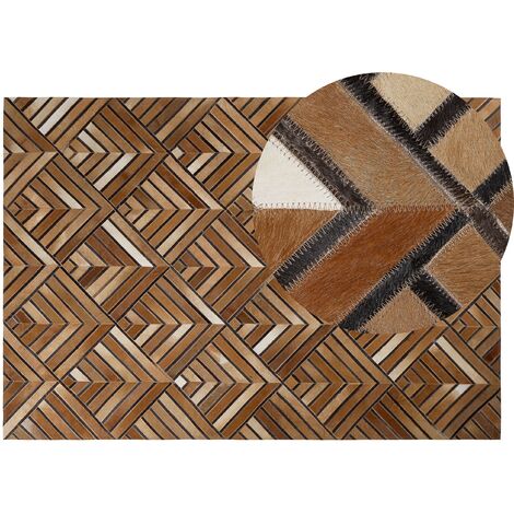 Alfombra de piel de vaca piezas de cuero marrón 140 x 200 cm patrón geométrico de diamantes Tekir