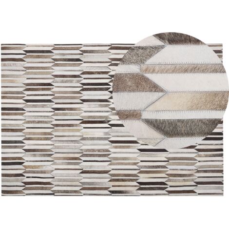 Alfombra de piel de vacuno patchwork beige y marrón rectangular 140 x 200 cm retro Kulalar