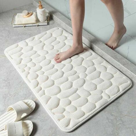 Alfombra de suelo antideslizante con relieve y estampado de guijarros, absorbente de agua, para la entrada del baño (blanco lechoso, 40 x 60 cm).