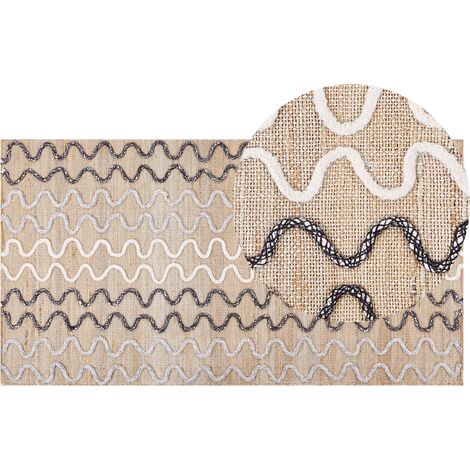 Alfombra de yute beige blanco negro 80 x 150 cm patrón geométrico retro Sogut