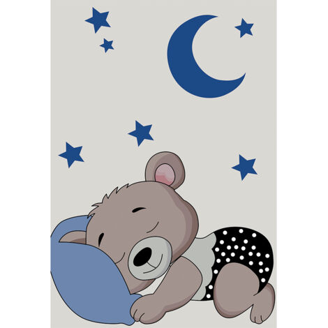 Alfombra Grande Infantil con Diseño de Oso Durmiente - Azul y Gris (290x200 cm) - Hercai