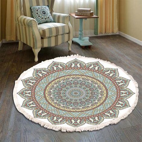 Alfombra grande redonda de algodón con diseño de mandala, flores bohemias, borlas, lavable, para sala de estar y dormitorio (90 cm, verde y amarillo)