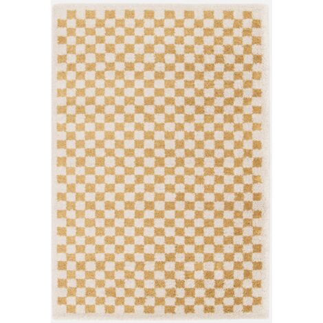 Alfombra interior shaggy damero amarillo mostaza y crema