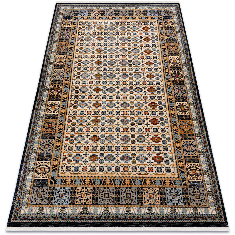 Alfombra KESHAN franjas, Marco oriental 6428/53551 beige / azul oscuro multicolour 300x380 cm