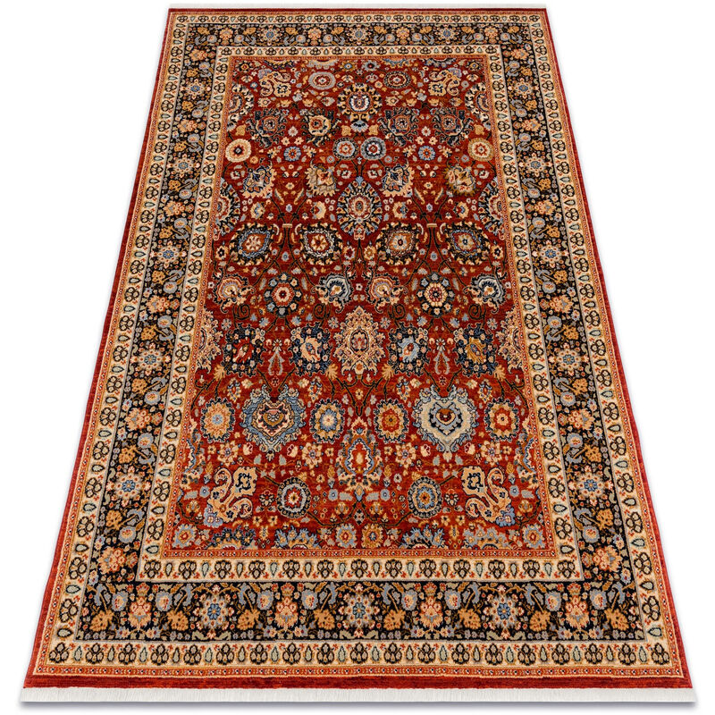 Alfombra KESHAN franjas, Ornamento, marco oriental 7573/53577 burdeos / azul oscuro multicolour 300x380 cm