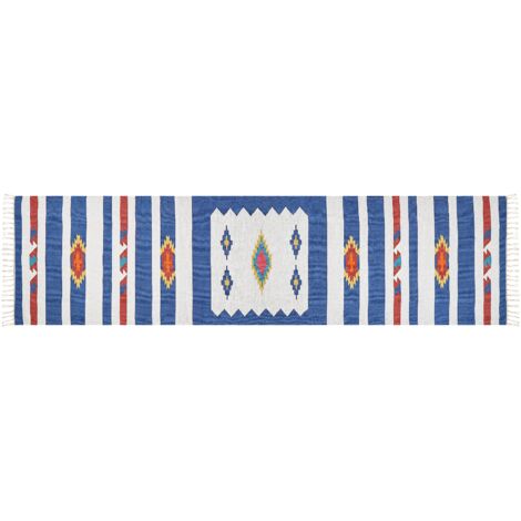 Alfombra kilim de algodón azul blanco rojo 80 x 300 cm a mano geométrico borlas Varser
