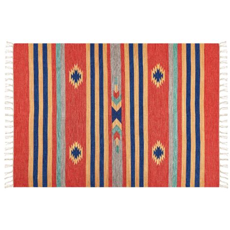Alfombra kilim de algodón azul rojo naranja 140 x 200 cm a mano geométrico borlas Hatis