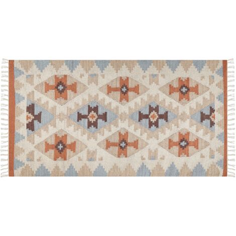 Alfombra kilim de algodón beige azul naranja 80 x 150 cm geométrico Dilijan