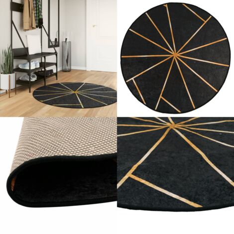 Alfombra lavable antideslizante negro y dorado Ø 120 cm - Alfombra antideslizante - Alfombra de terciopelo