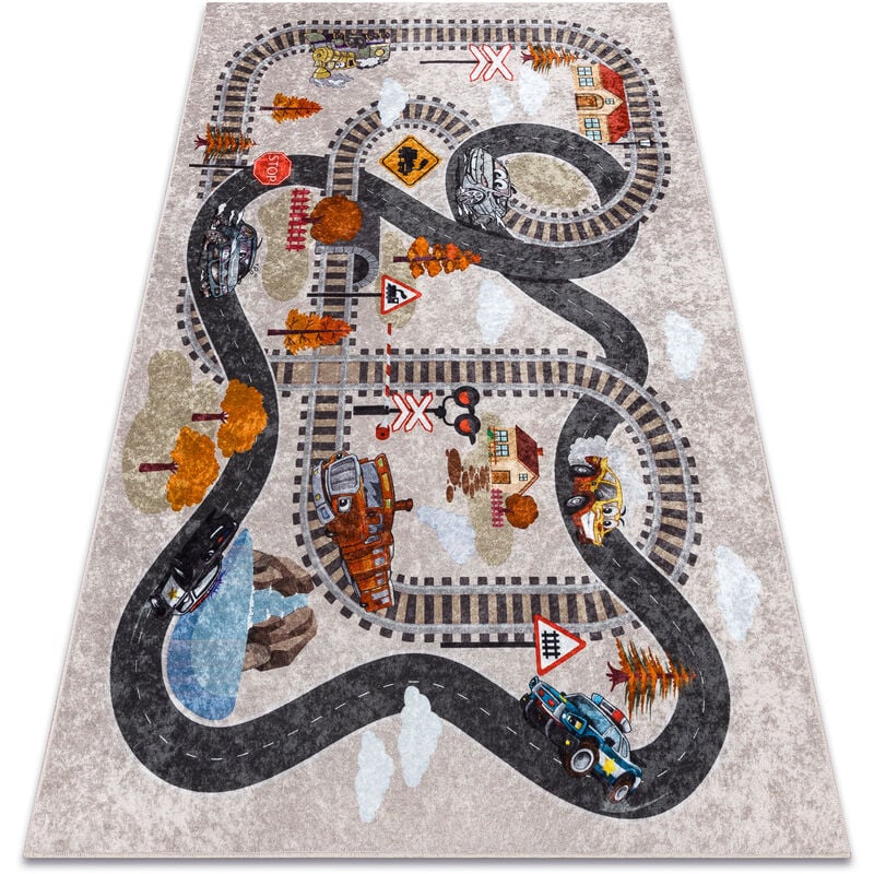 Alfombra lavable JUNIOR 51986.803 Vías del tren, locomotora para niños antideslizante - gris multicolour 80x150 cm