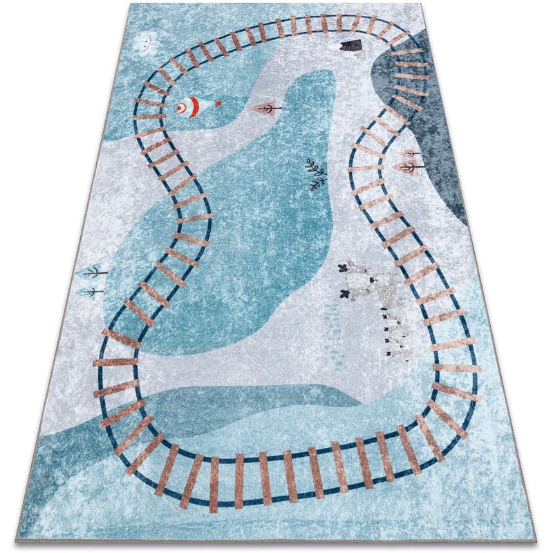 Alfombra lavable JUNIOR 52243.801 Vías del tren para niños antideslizante - azul blue 120x170 cm