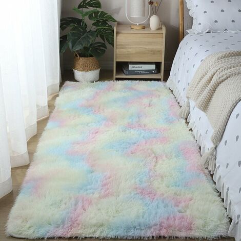 Alfombra mullida de piel sintética, alfombra decorativa con degradado para dormitorio, sala de estar, comedor (colores del arco iris, 80 × 160 cm)