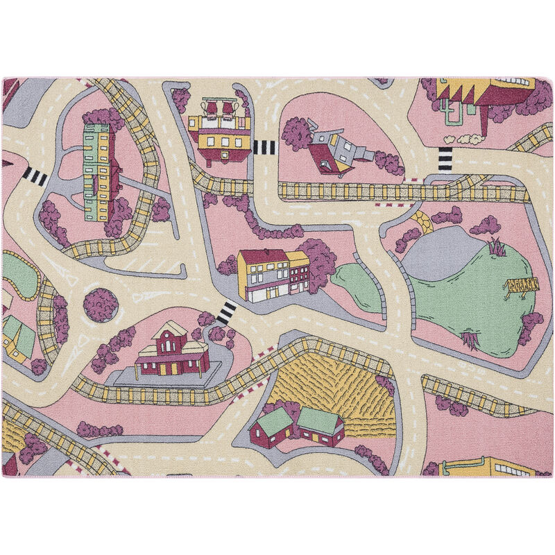 ALFOMBRA REBEL ROADS Playtime 63 Pequeño pueblo, antideslizante para niños - rosado / beige multicolour 95x200 cm