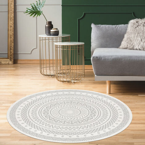 Alfombra Redonda étnica, alfombra de vinilo acolchada ideal para salón, comedor, dormitorios…, Gris, 80cm