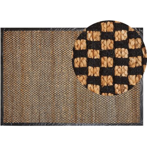 Alfombra rústica yute algodón cuero rectangular 140 x 200 cm cuadriculada tejida a mano negro y beige Gerce