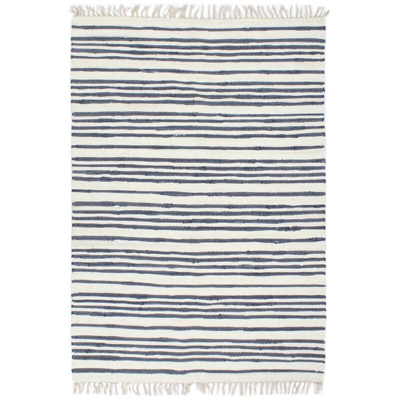 

Alfombra tejida a mano Chindi de algodon 80x160cm azul y blanco