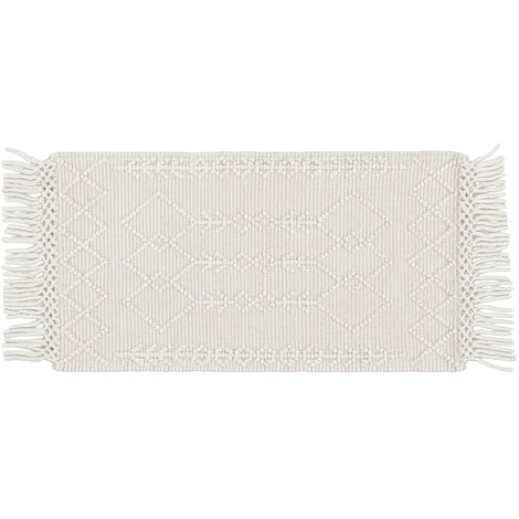 Alfombra tejida a mano de color crudo con relieve y flecos 60 × 120 cm DENALI - blanco