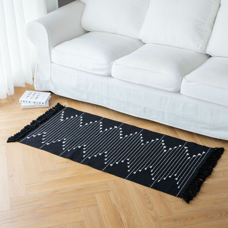 

Alfombras bohemias de algodón tejidas con borlas, patrón de rejilla, lavable, retro, para salón, dormitorio, puerta de entrada, cocina, 60*90 (negro)