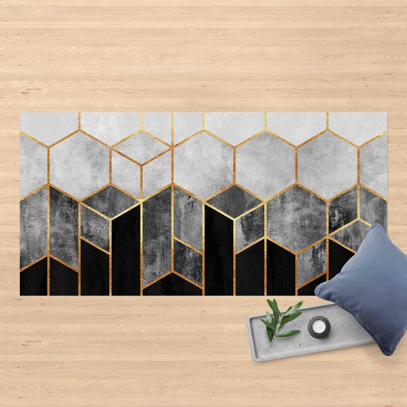 

Alfombras vinílicas - Elisabeth Fredriksson - Golden Hexagons Black And White - Apaisado 1:2 Dimensión LxA: 120cm x 240cm