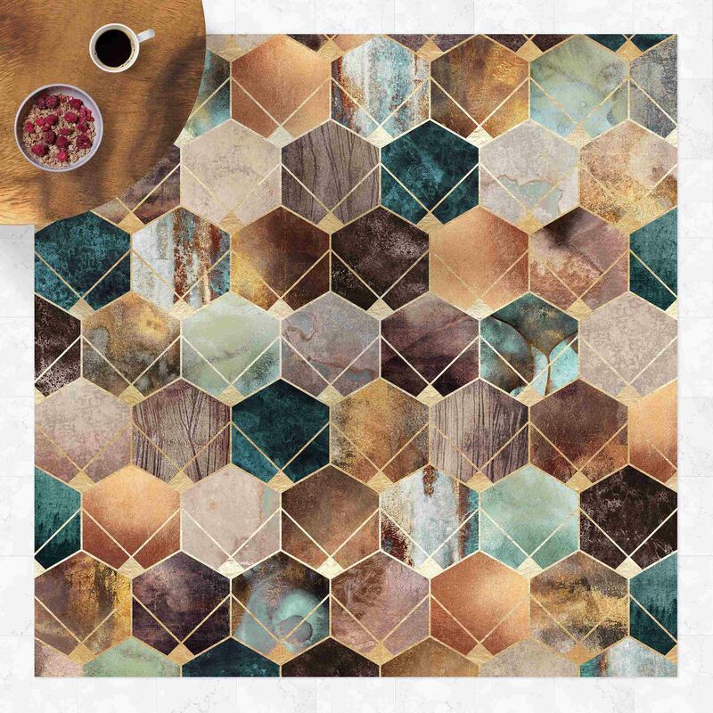 

Bilderwelten - Alfombras vinílicas - Elisabeth Fredriksson - Turquoise Geometry Golden Art Deco - Cuadrado 1:1 Dimensión LxA: 140cm x 140cm