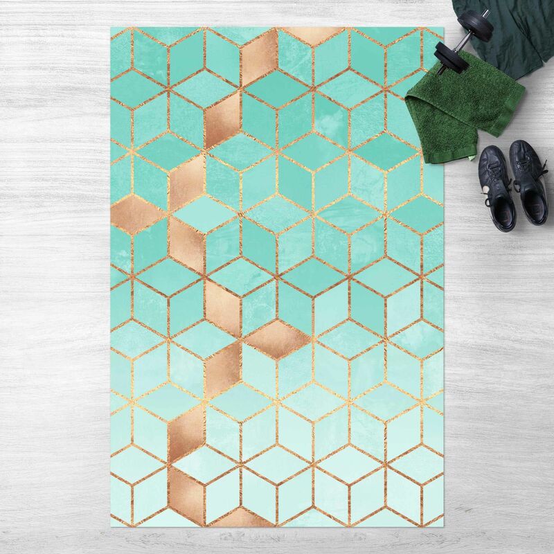 

Alfombras vinílicas - Elisabeth Fredriksson - Turquoise White Golden Geometry - Alto 3:2 Dimensión LxA: 210cm x 140cm