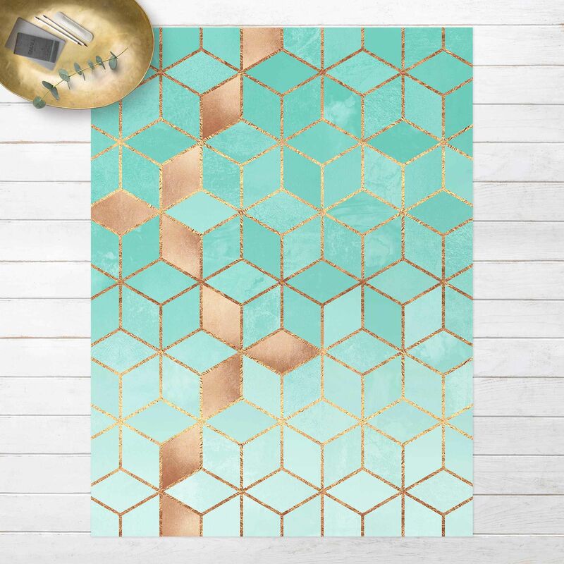 

Alfombras vinílicas - Elisabeth Fredriksson - Turquoise White Golden Geometry - Alto 4:3 Dimensión LxA: 140cm x 105cm