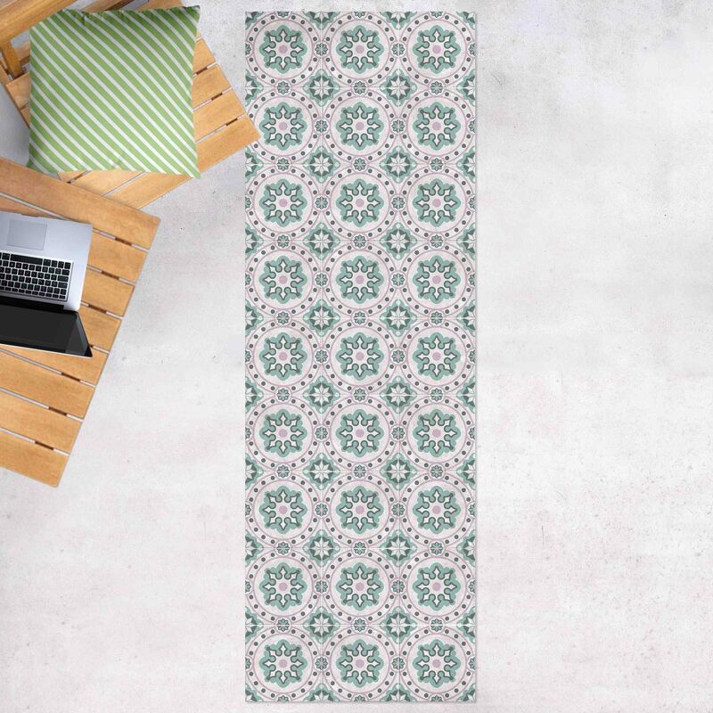

Alfombras vinílicas - Floral Tiles Turquoise Light Pink - Panorámico Dimensión LxA: 180cm x 60cm