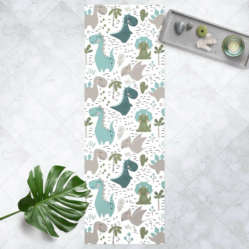 

Bilderwelten - Alfombras vinílicas - Friendly Dinosaur With Palm Trees And Cacti - Panorámico Dimensión LxA: 270cm x 90cm