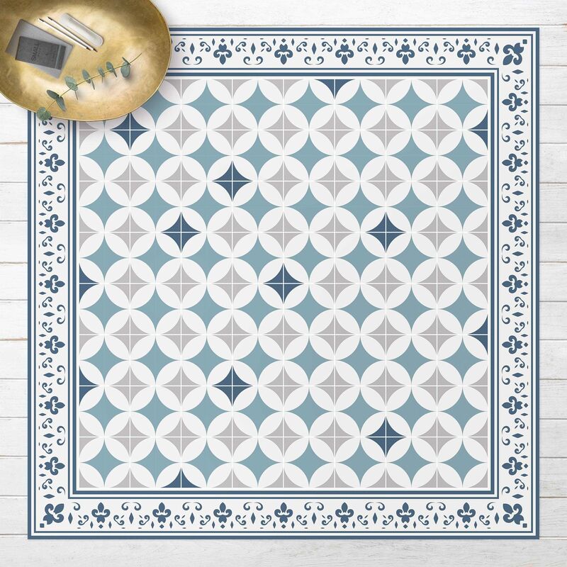 

Alfombras vinílicas - Geometrical Tiles Circular Flowers Dark Blue With Border - Cuadrado 1:1 Dimensión LxA: 80cm x 80cm